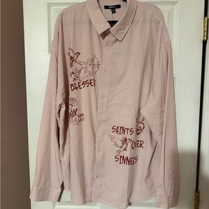 Fashion Nova Pink Graphic Casual Button Down Shirt